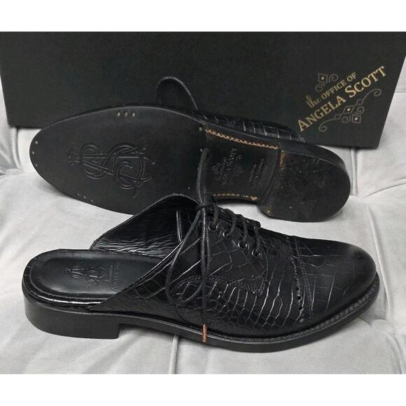 The Office Of Angela Scott Miss Emma Mules Black Croc Flats Womens Shoes 37 7 - Picture 1 of 16
